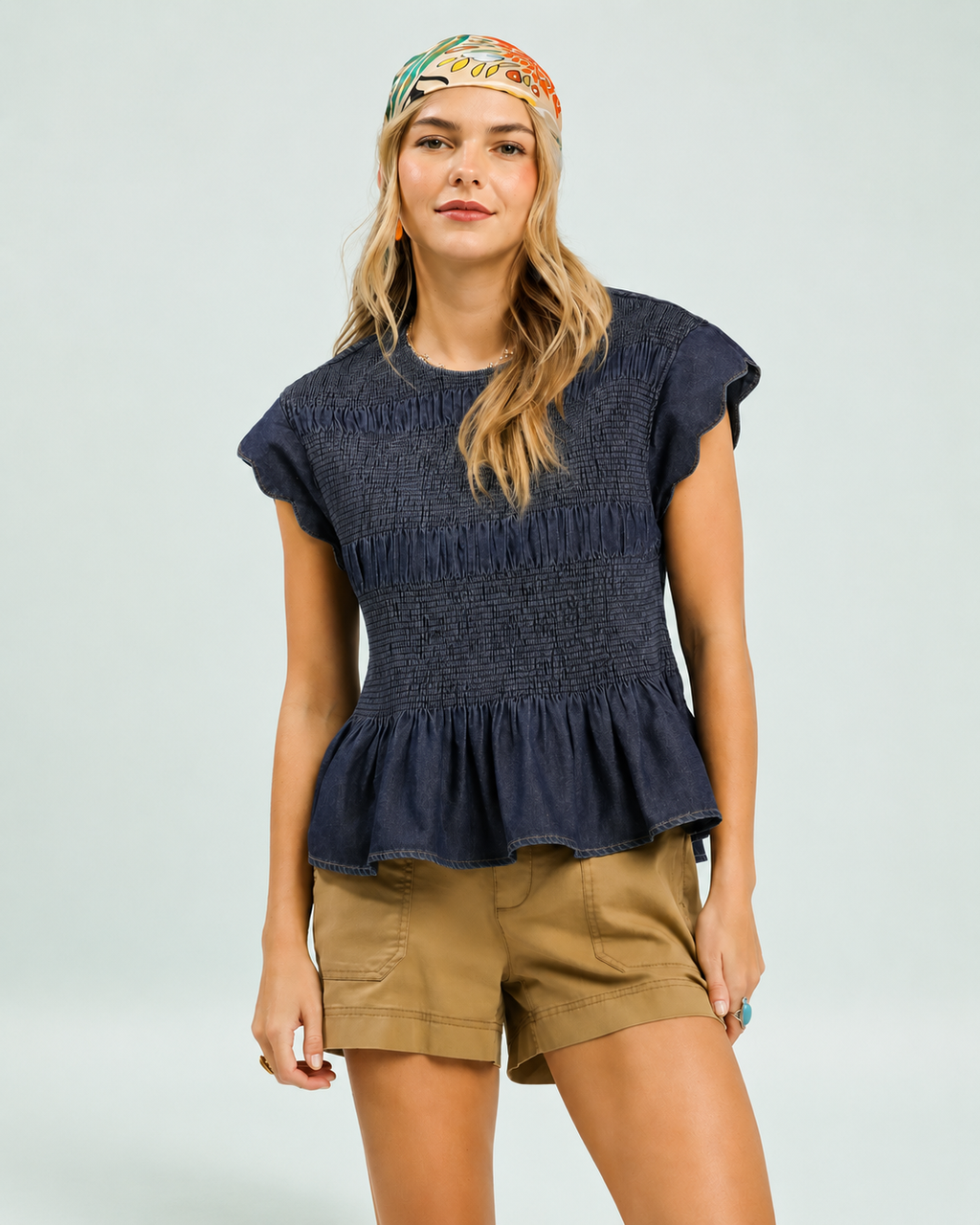 Indigo Smocked Peplum Top